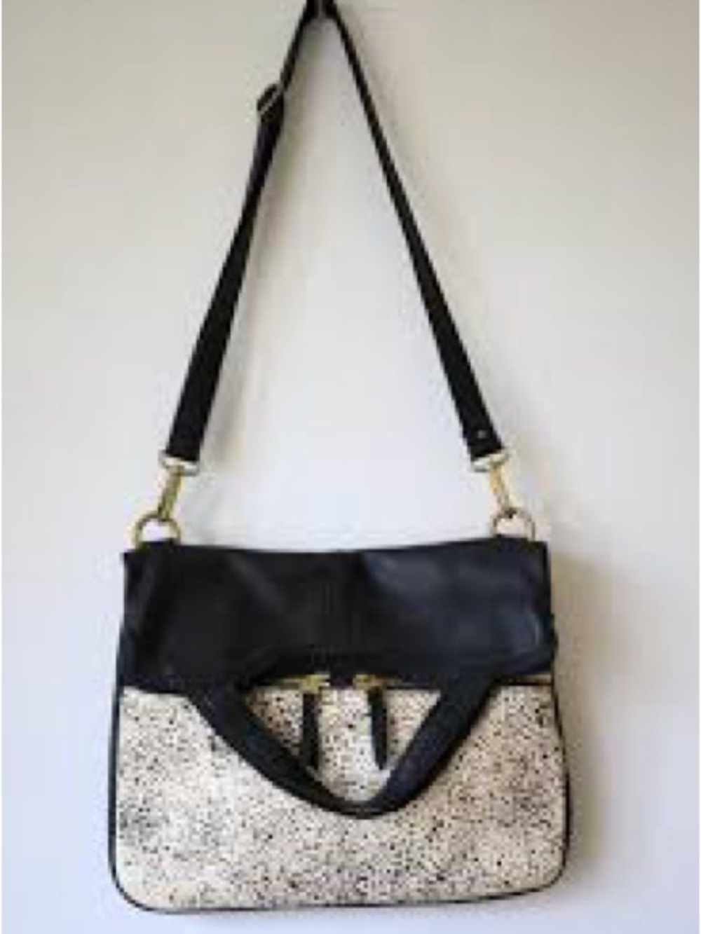 Fossil Black Leather Satchel Crossbody calf hair Speckled Purse vintage Y2K